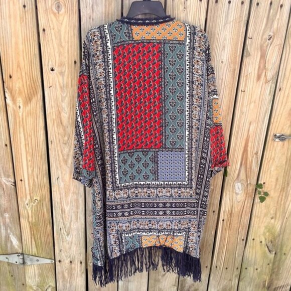 Umgee Multicolor Boho Patchwork Open Front Longline Kimono with Fringe XL/1XL - Picture 5 of 10